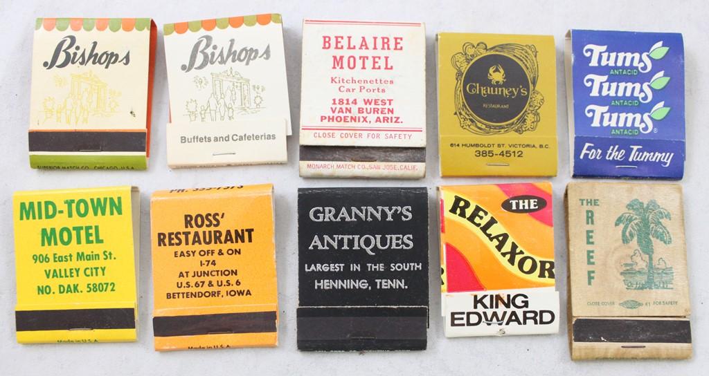 (10) old advertising matchbooks with matches: Motels; Antique Stores & more