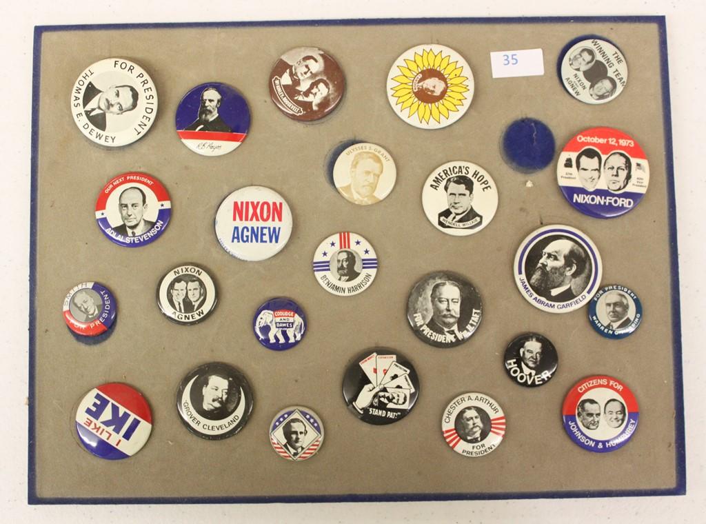 Asortment of (24) political buttons incl. Nixon, Hoover, Arther, Cleveland,