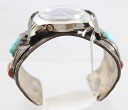 wide silver watch band bracelet with turqouise and coral stones, modern wat