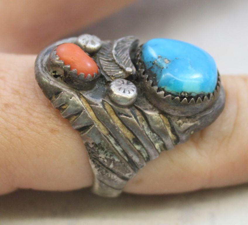 Silver ring with large turqouise stone and small coral stone, no markings f