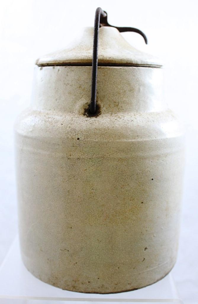 Old crock jar with lid, 8" tall