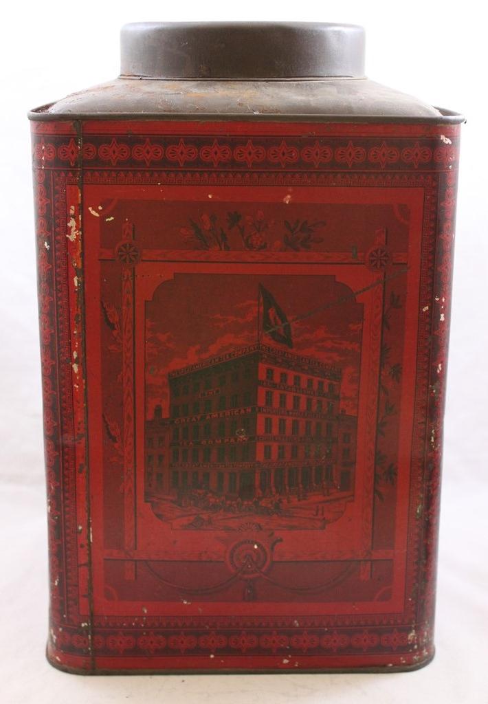 large Great American Tea Company tin, nice graphics, 12" tall
