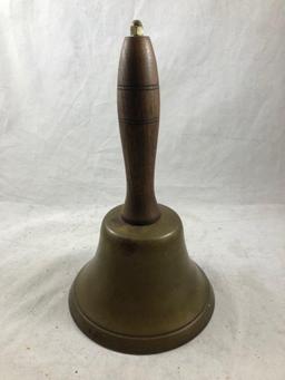 Brass bell with wooden handle, 10"t x 6.175"d