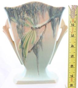 Roseville Moss 778-7" vase, pink/green, paper label