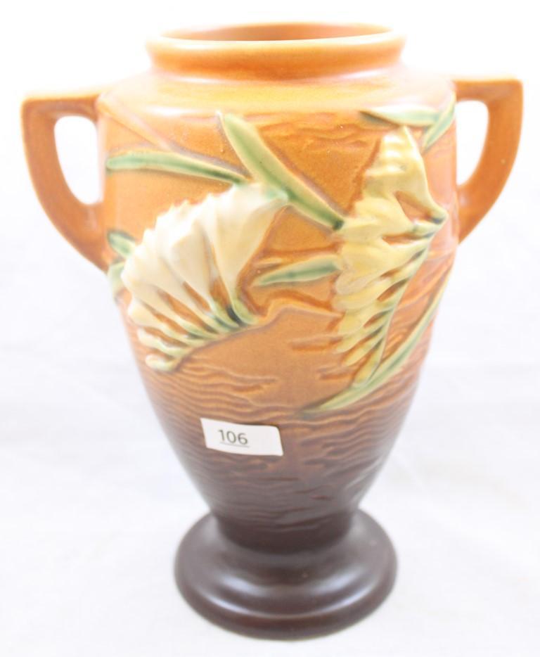 Roseville Freesia 121-8" vase, tangerine