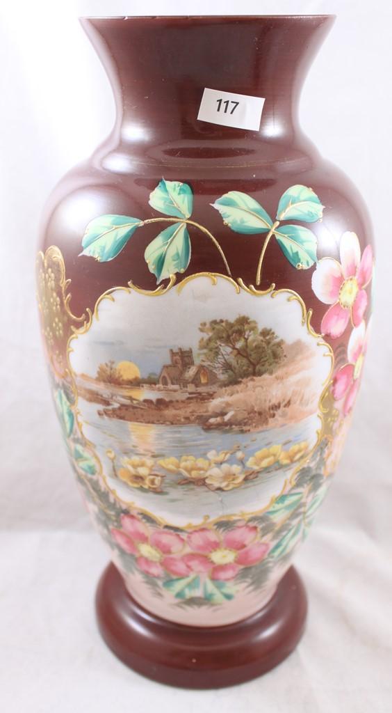 Victorian scenic Bristol Glass 12.5"h vase, landscape with church and rising moon reflected in lake,