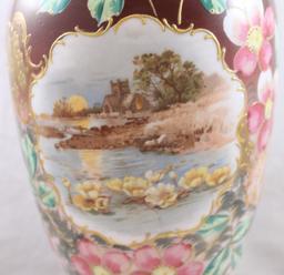 Victorian scenic Bristol Glass 12.5"h vase, landscape with church and rising moon reflected in lake,