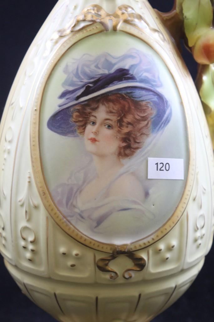Mrkd. Austria 16"h ewer decorated with Gibson Girl portrait on cream background with figural fruit