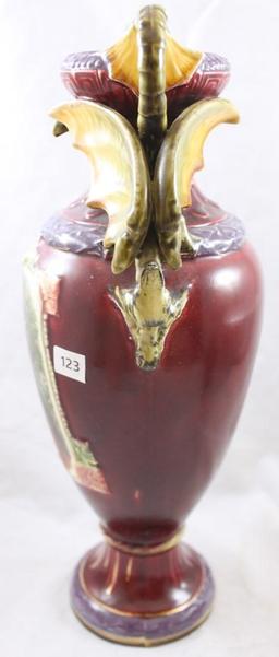Pr. unmarked 12"h porcelain vases with figural grotesque bird handles, each piece features portrait
