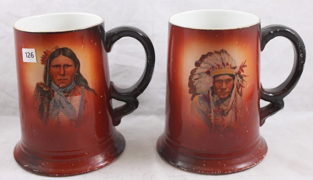 (2) Mrkd. USONA Goodwin 5.75"h mugs, Native American Indian portraits