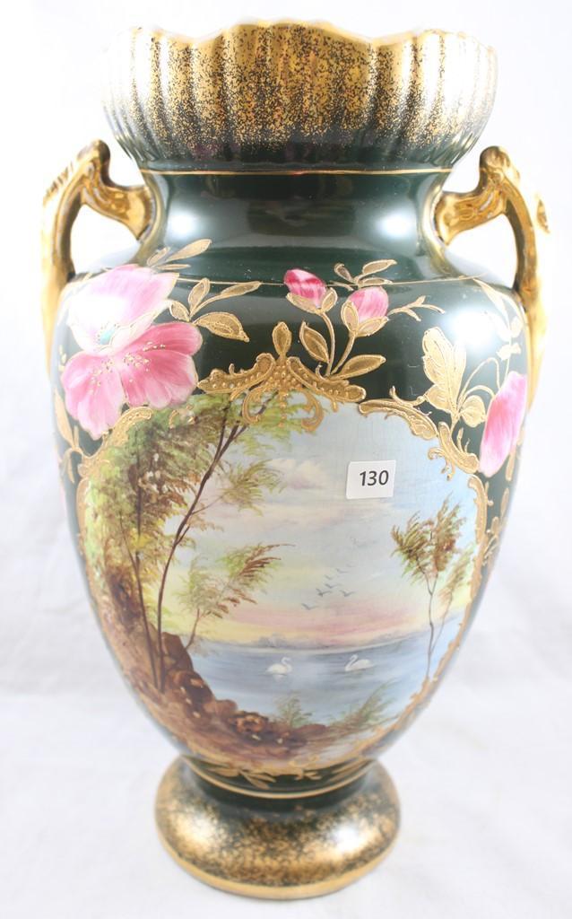 Unmarked 14"h large vase, Swans on Lake/trees scene with pink flowers and lots of gold highlights