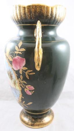 Unmarked 14"h large vase, Swans on Lake/trees scene with pink flowers and lots of gold highlights