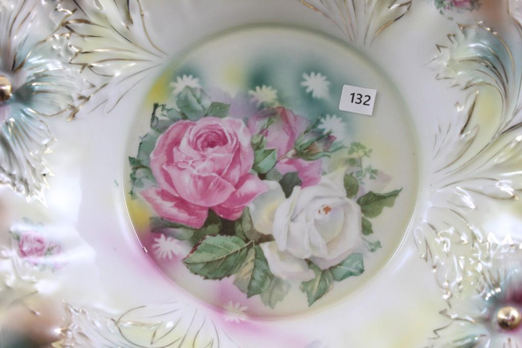 R.S. Prussia Carnation Mold 28 centerpiece bowl, 12"d, pink and white roses on white accented with