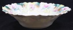 R.S. Prussia Carnation Mold 28 centerpiece bowl, 12"d, pink and white roses on white accented with