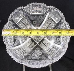 Signed Clark American Brilliant Cut Glass bowl, 9.25"d x 4"h, overall patterns of Cane and Hobstars