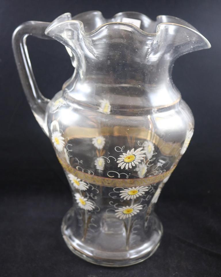 Victorian water set, white enameled daisies and gold gilt accents on clear, 10.25"h pitcher and (6)