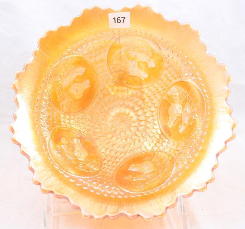 Carnival Glass Fenton Horses' Heads ftd. bowl, 3.25"h x 7"d, marigold