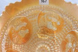 Carnival Glass Fenton Horses' Heads ftd. bowl, 3.25"h x 7"d, marigold