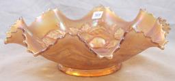 Carnival Glass Northwood Three Fruits/Basketweave 9"d bowl, marigold