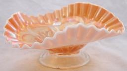 Carnival Glass Dugan Flowers and Frames 8"d tri-corner dish, peach opalescent