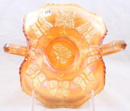 Carnival Glass Fenton Butterflies dbl. handled 7.5"h bon bon, marigold