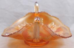 Carnival Glass Fenton Butterflies dbl. handled 7.5"h bon bon, marigold