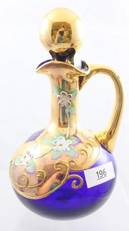 (2) Art Glass cruets: 1-7"h cobalt decorated with heavy gold and enameled flowers, matching stopper;