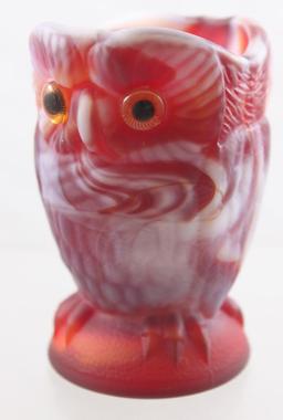 Imperial Red Slag Glass Owl creamer and sugar, paper label - Olden End O'Day Glass