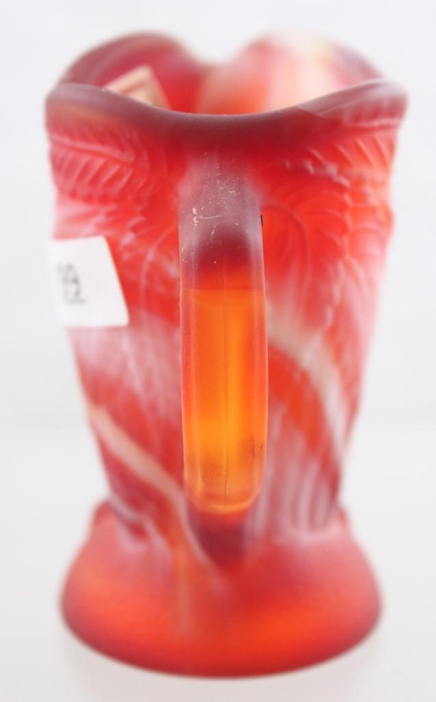 Imperial Red Slag Glass Owl creamer and sugar, paper label - Olden End O'Day Glass