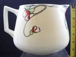 Hand Painted porcelain 6"h lemonade or cider pitcher, large stylized flowers/green leaves
