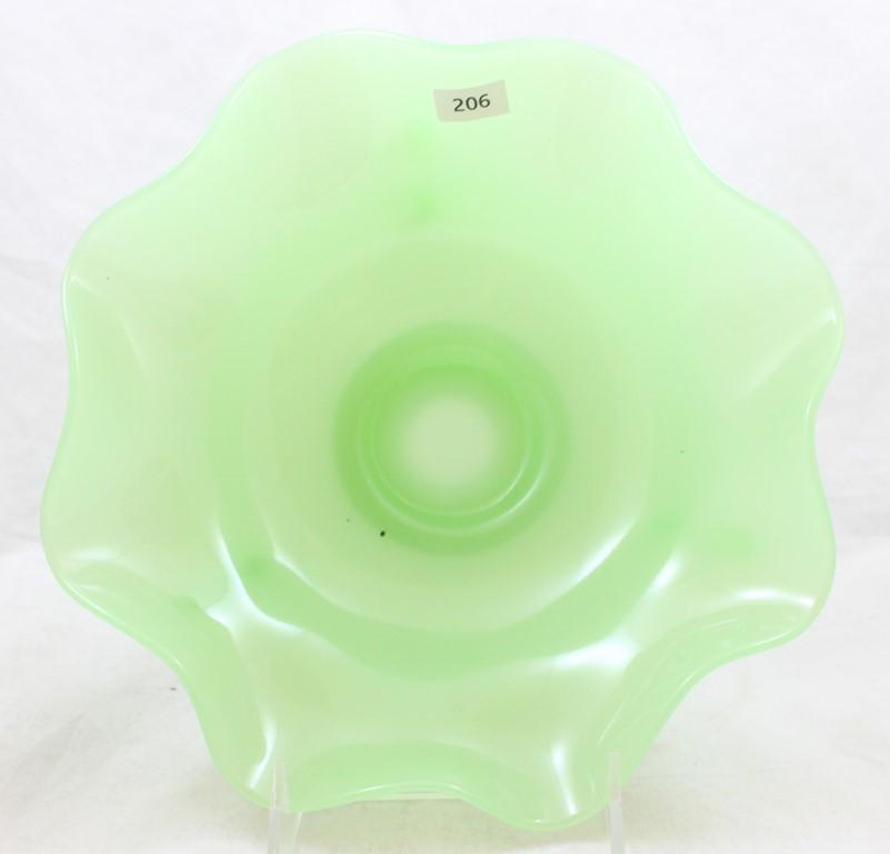 Fenton Jadite 9.75"d x 3.5"h bowl with 3 dolphin handles