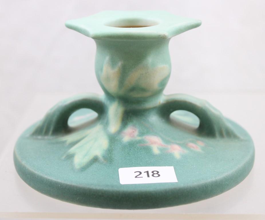 Roseville Bleeding Heart 1140-2" candleholders, green (1 w/broken tip)