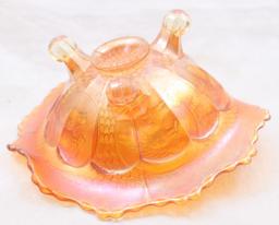 Carnival Glass Fenton Horses' Heads 7.5"d ftd. Bowl with 1 side pulled up, marigold