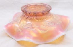 Carnival Glass Dugan Six Petals 7"d ruffled bowl, peach opalescent