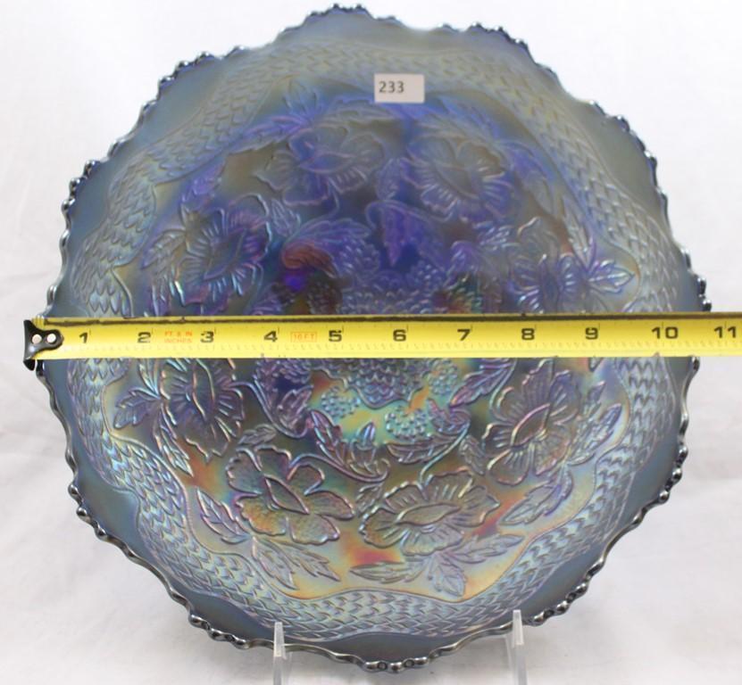 Carnival Glass Fenton Two Flowers 10.5"d ftd. ice cream shaped bowl, cobalt