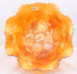 Carnival Glass Fenton Chrysanthemum 10"d x 5"h footed bowl, marigold