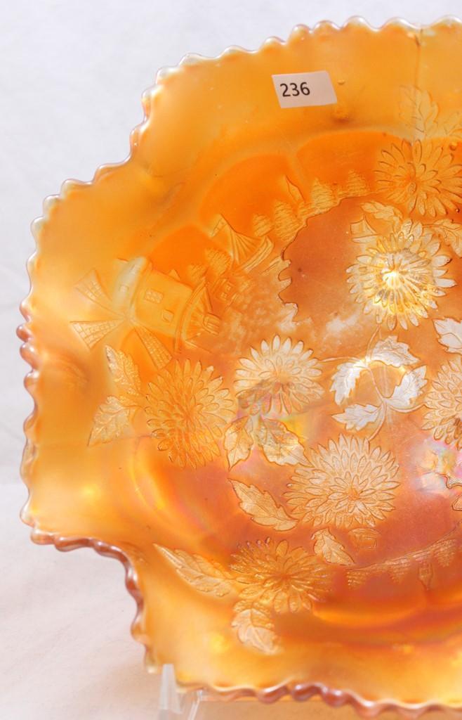 Carnival Glass Fenton Chrysanthemum 10"d x 5"h footed bowl, marigold