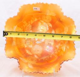 Carnival Glass Fenton Chrysanthemum 10"d x 5"h footed bowl, marigold