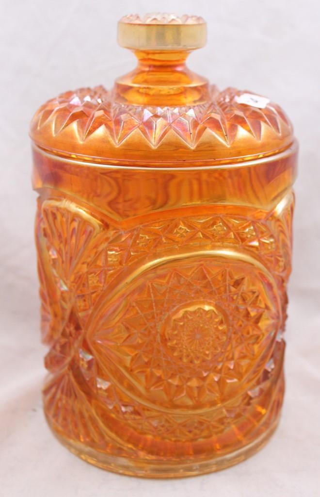 Carnival Glass Imperial Hobstar 8"h cookie jar, marigold