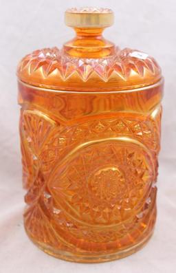 Carnival Glass Imperial Hobstar 8"h cookie jar, marigold