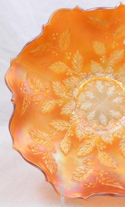 Carnival Glass Fenton Holly 9"d bowl, marigold