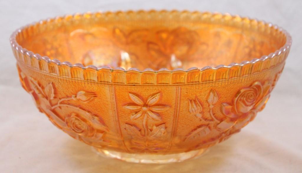 Carnival Glass Imperial Lustre Rose 7 pc. berry set, marigold: 9"d master bowl and (6) 5"d invidual