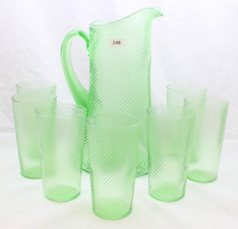 1930's Green Uranium Reverse Swirl 10.5"h tankard and (7) tumblers