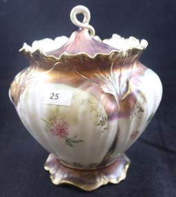 R.S. Prussia biscuit/cracker jar, dainty pink flowers, iridescent Tiffany finish