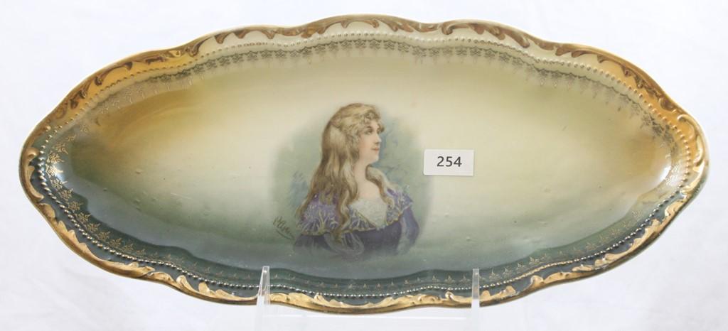 Mrkd. Germany (3 crowns) 12.5"l x 6"w relish tray, portrait of woman, artist signed Astoni