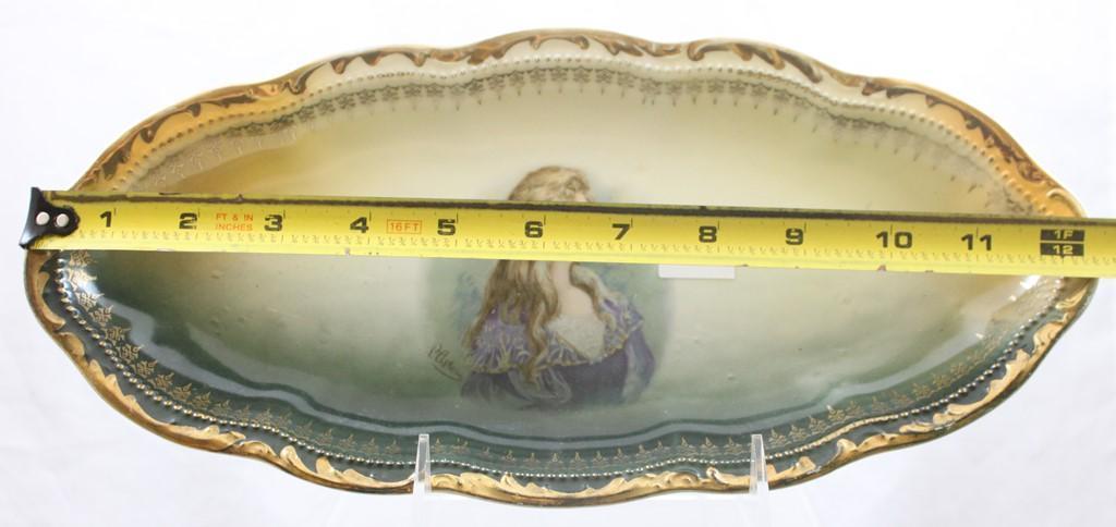 Mrkd. Germany (3 crowns) 12.5"l x 6"w relish tray, portrait of woman, artist signed Astoni