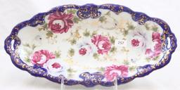 Nippon-style relish tray, 12"l x 6"w, pink roses/gold stenciling/cobalt border