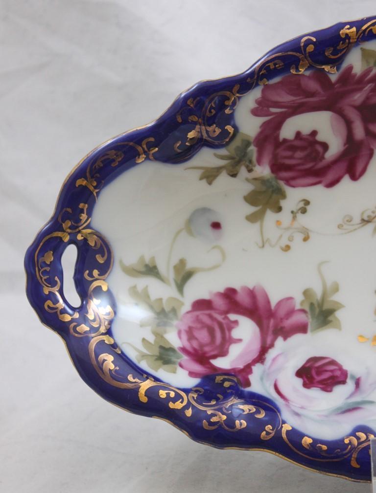 Nippon-style relish tray, 12"l x 6"w, pink roses/gold stenciling/cobalt border