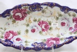 Nippon-style relish tray, 12"l x 6"w, pink roses/gold stenciling/cobalt border