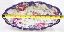 Nippon-style relish tray, 12"l x 6"w, pink roses/gold stenciling/cobalt border